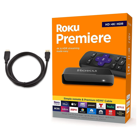 Roku Premiere - Reproductor multimedia de transmisión HD/4K/HDR, control remoto simple y cable HDMI premium, color negro, 3920R