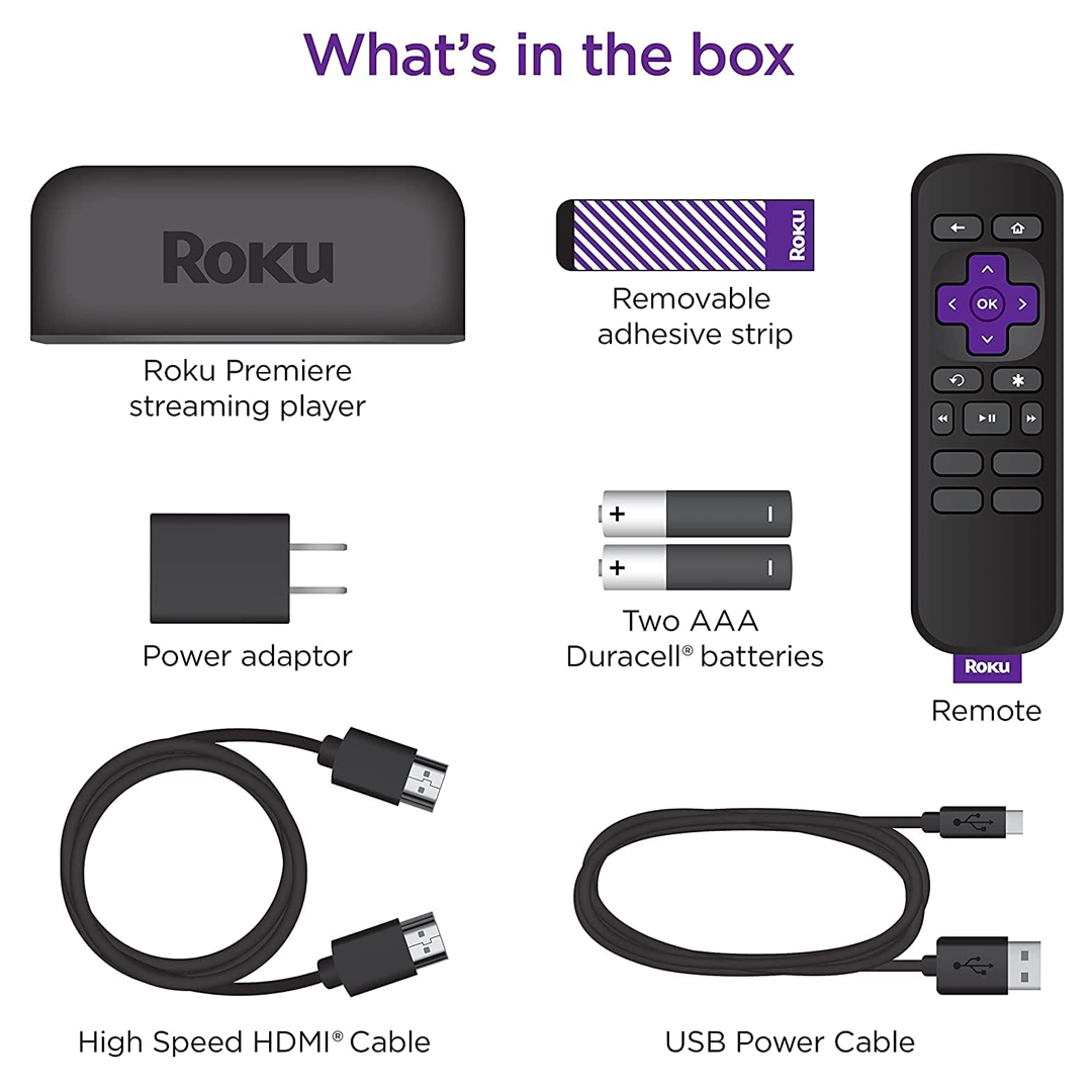 Roku Premiere - Reproductor multimedia de transmisión HD/4K/HDR, control remoto simple y cable HDMI premium, color negro, 3920R